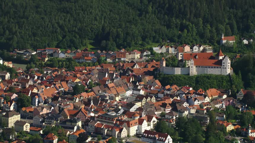 Aerial view of houses with tiled roof in the town