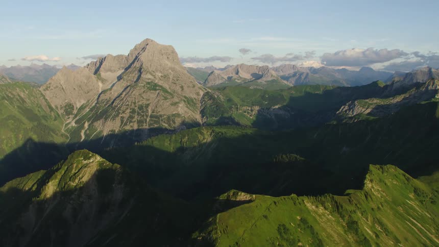 Aerial view of the peaks on a mountain range at morning