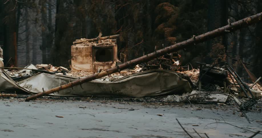 Debris and piles of wood in a forest