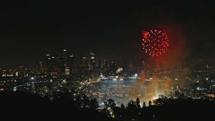 Fireworks explode over the city