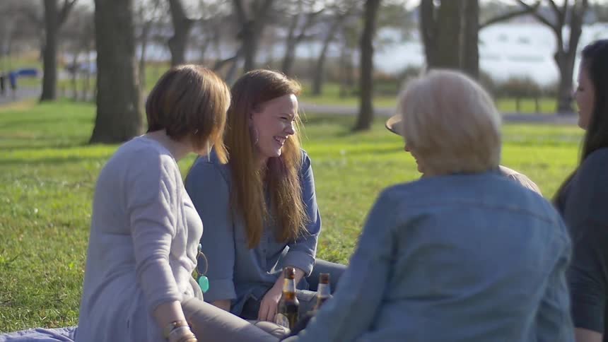 Women sit on a blanket in a park on a sunny day