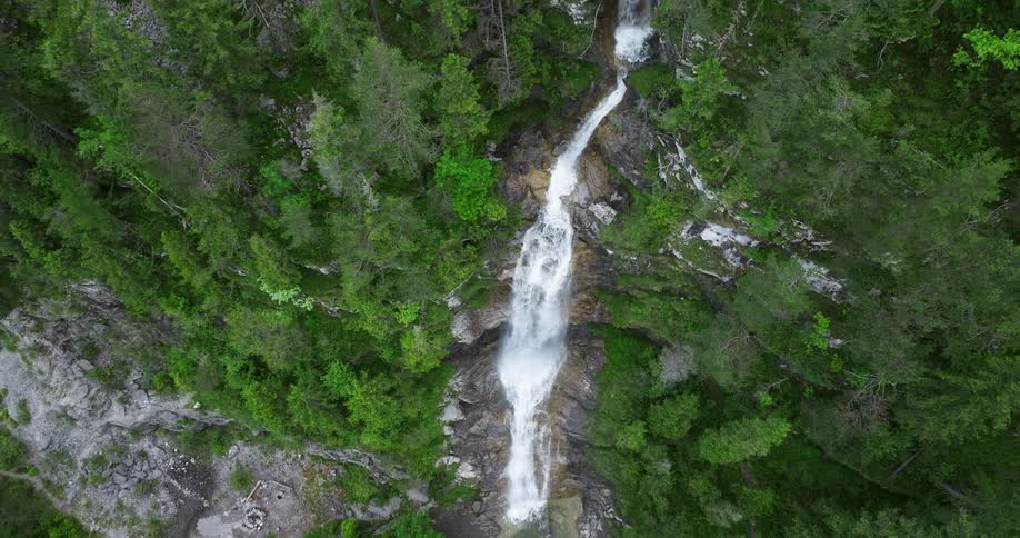 Water in the stream flows quickly over the rocks in the forest