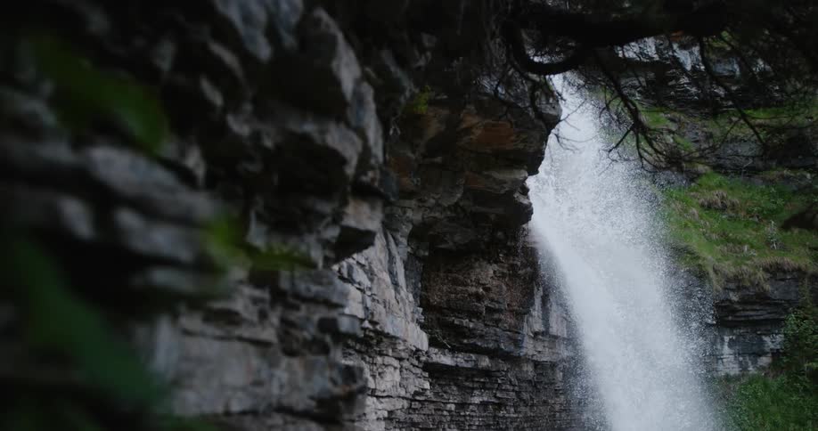 Waterfalls are flowing down the side of a cliff and there are vines and plants clinging to the rock