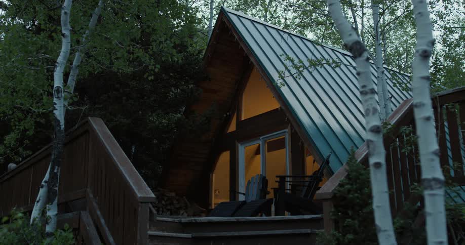 The view is of a cabin that is located in the forest area