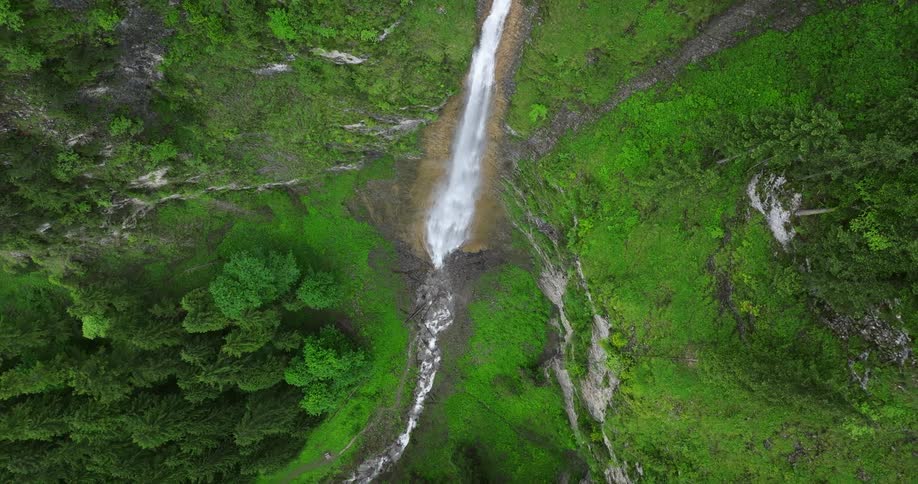 Waterfall flows down cliff emerging as foaming river passing woods