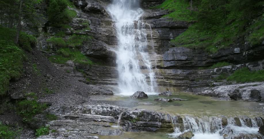 The waterfall is falling off the cliff