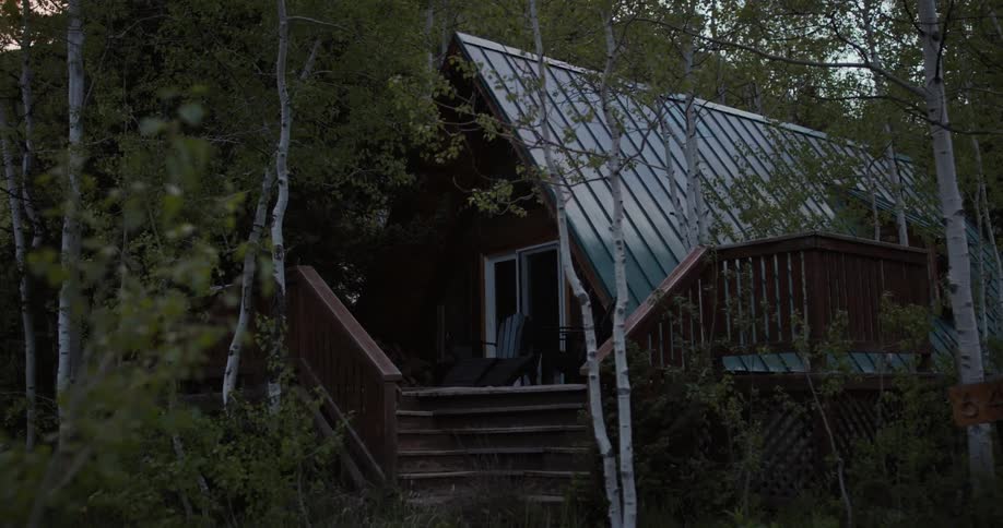 The view is of a cabin that is located in the forest area