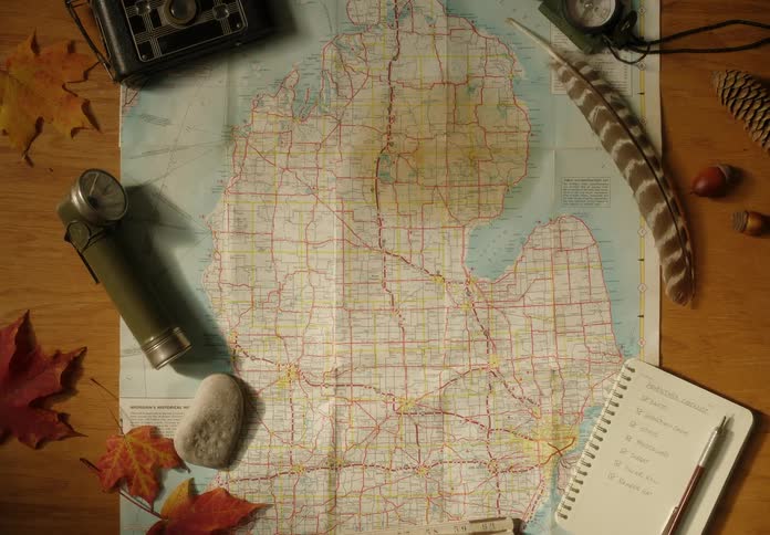 A notebook and compasses hold down a paper map on a desk