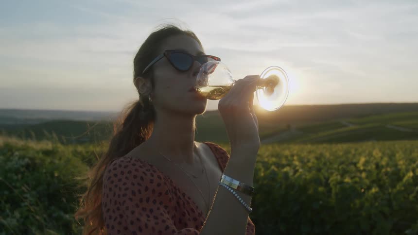 A woman drinks wine while standing in a field