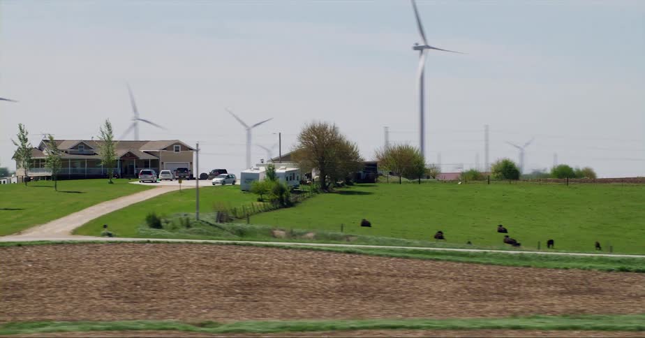 Wind turbines are spinning behind homes in a rural neighborhood as animals graze in a field