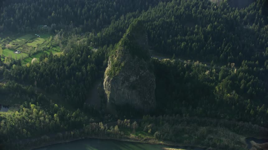 Beacon rock rising high above the Columbia River on a gorgeous summer evening in this high altitude aerial