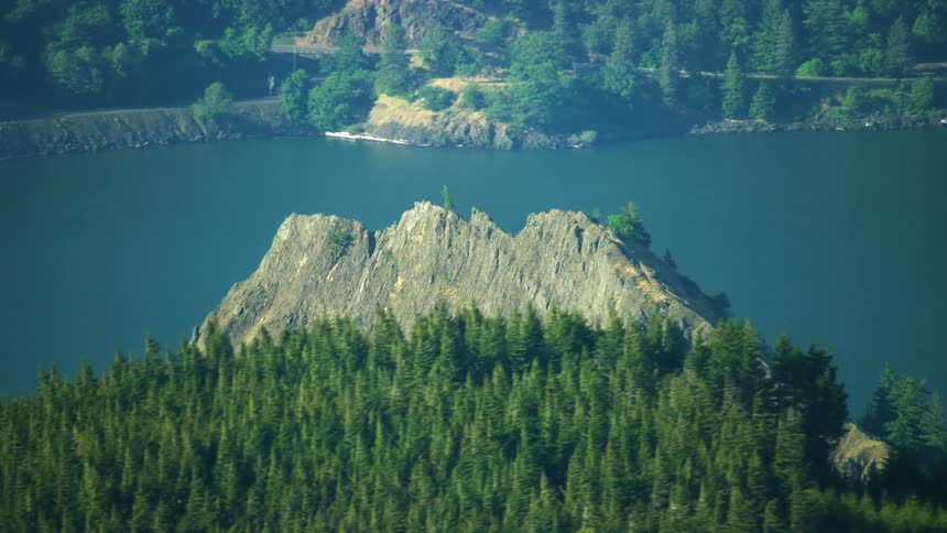 Mitchell Ridge rises high above the Columbia River in the Columbia River Gorge in this low altitude aerial shot