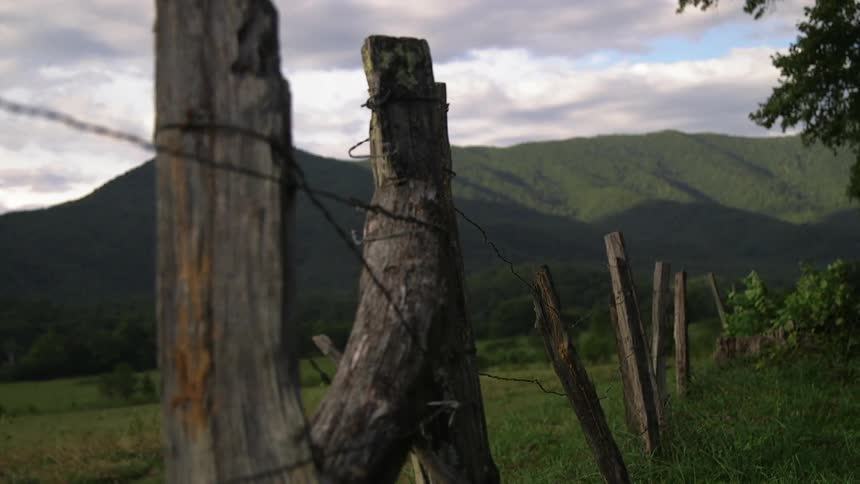 A barbwire fence with wooden fence posts