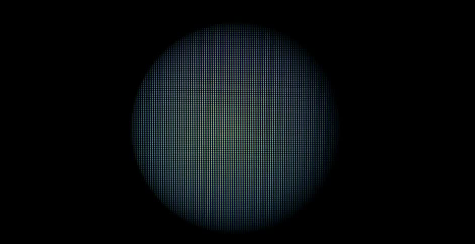 Close up of the pixels on a television screen showing vertical lines inside a circle