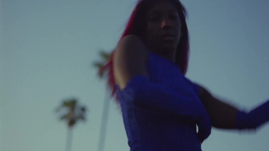 A woman performing dance steps outside with palm trees and sky behind her