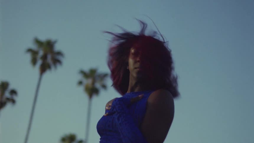 Female dancer dances outdoors with palm trees in the background