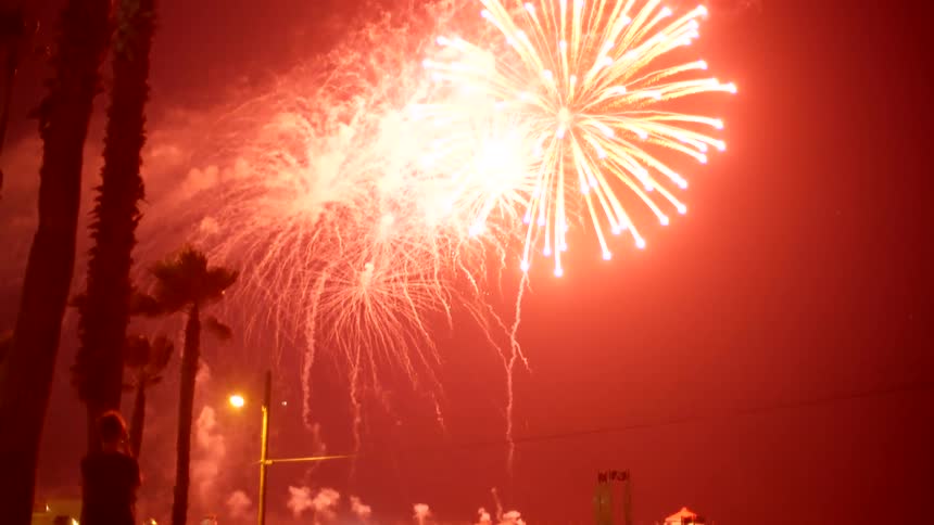 Large crowd of people watch fireworks display at night