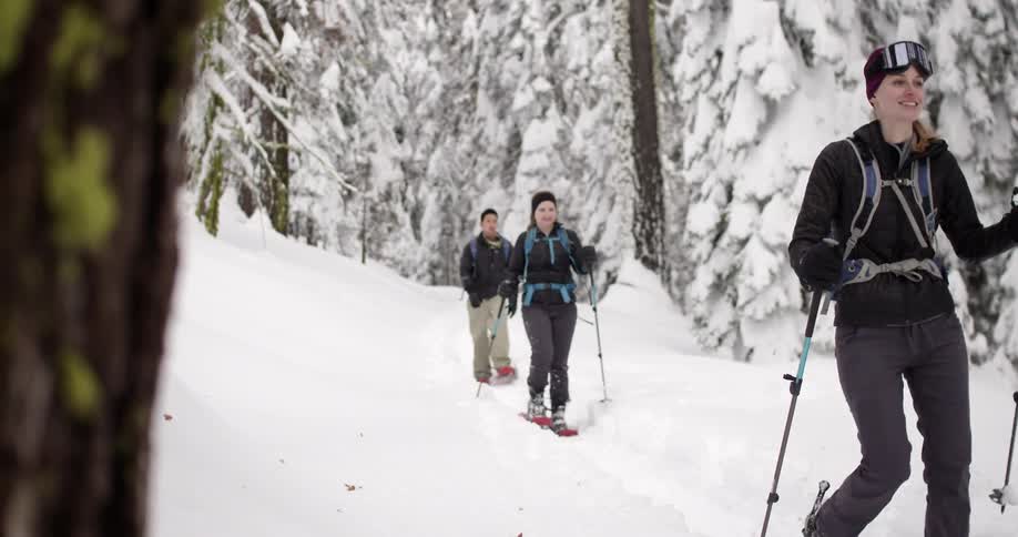 A group of people walking in the snow