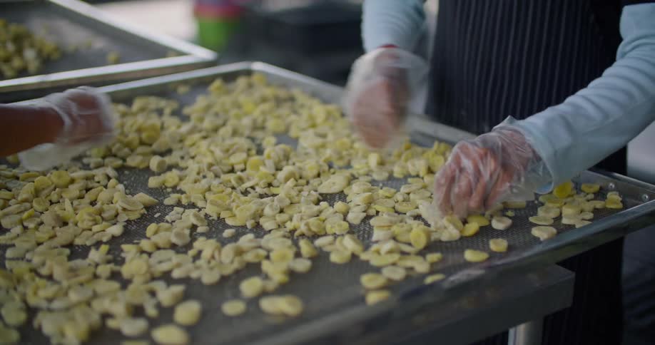 Women wearing gloves spread banana chips on large mesh trays to dry and dehydrate
