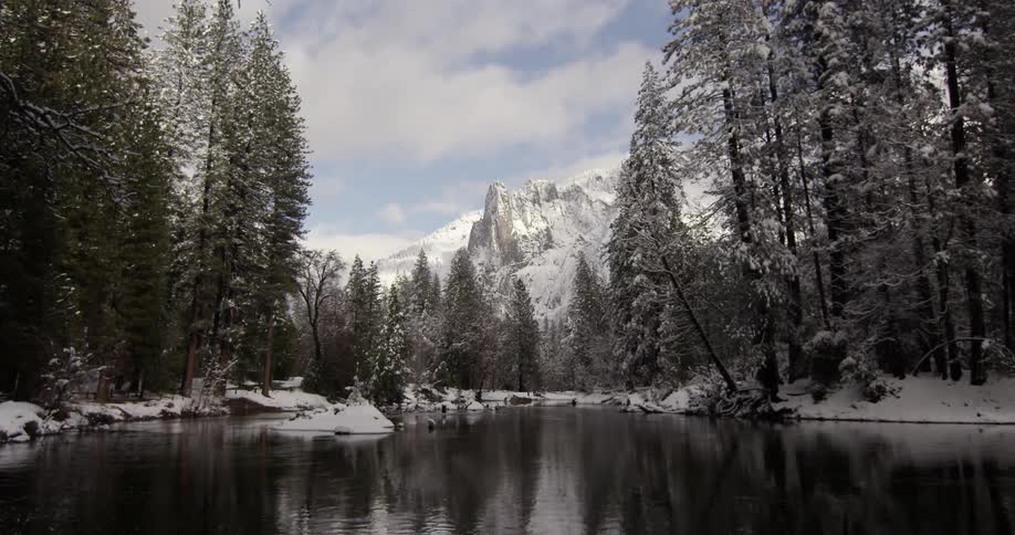 A mountain lake ripples on a winter day