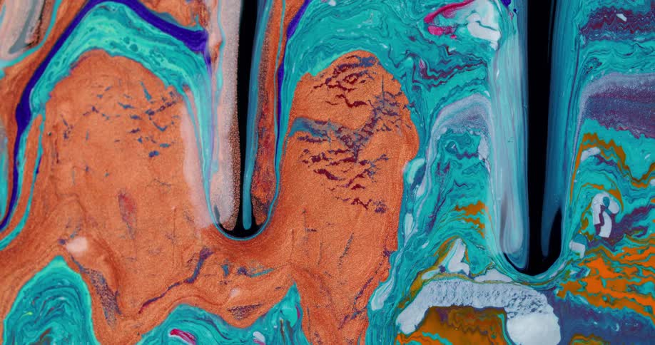 Black paint flows through multi colored irregular layers picking up those paints as it drips down
