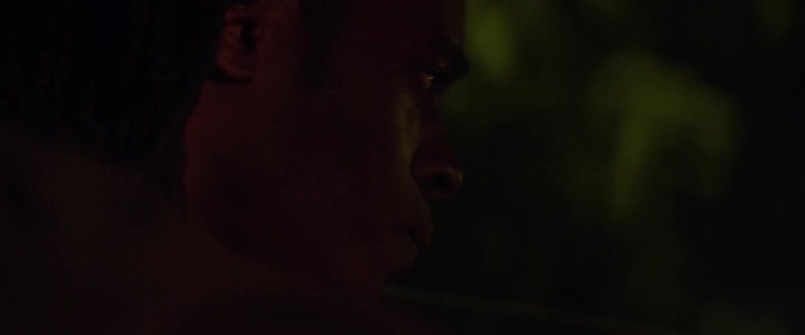 Man sits in car driving past trees at night