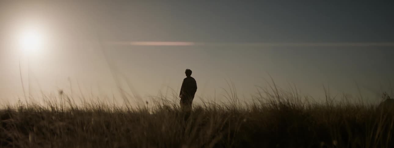 A man is standing in the middle of a grassy field