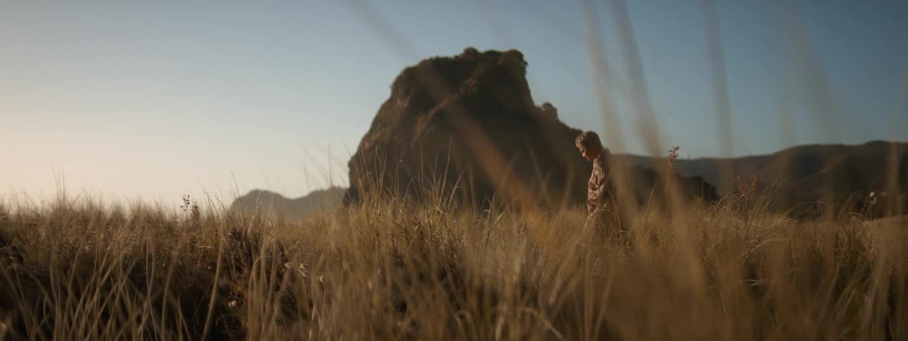 A woman walking through tall grass lifts her dress to get over rougher terrain
