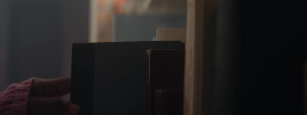 A person is grabbing a book from a shelf
