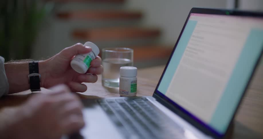 A man sits in front of a laptop and picks up a bottle of pills and searches on the screen