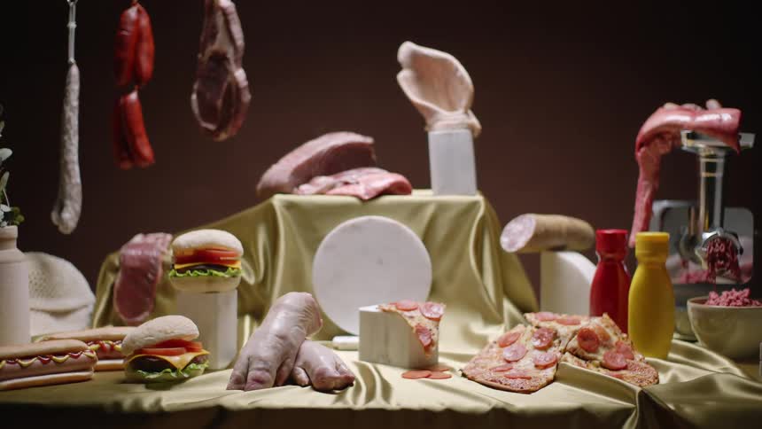 Hanging meat sways over table with raw meats and prepared dishes with meat