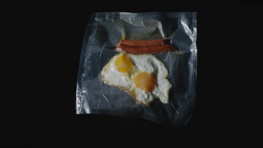 Fried eggs and sausage sit on a square of foil
