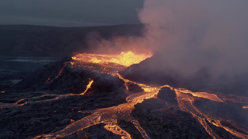 Lava erupts from a volcano