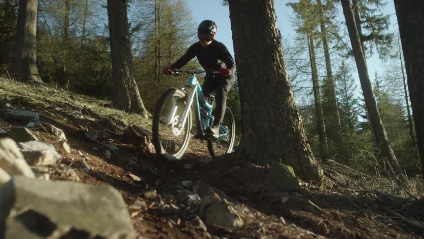 A person rides a mountain bike down a hill in a forest