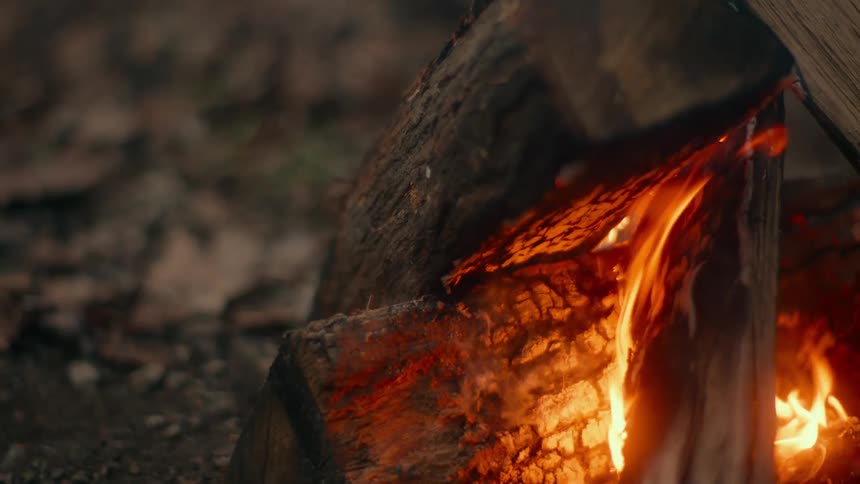 Close up of flames and smoke rising up from the logs on a campfire