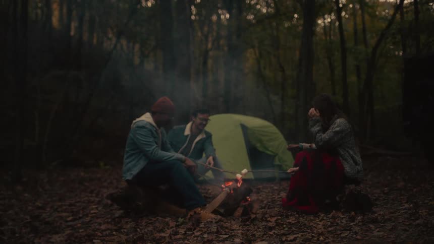People are roasting marshmallows on the campfire