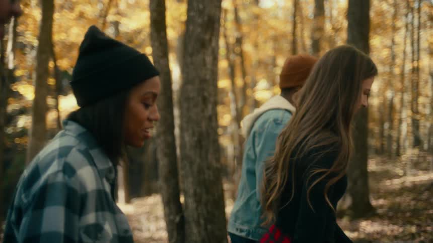 There are friends that are walking together in the forest