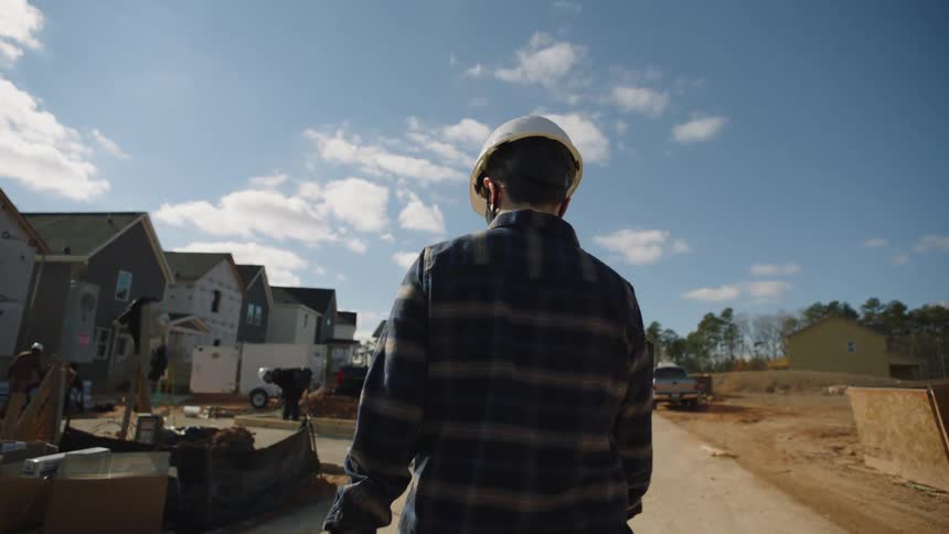 A construction worker in a white hardhat walks along a road through the construction site