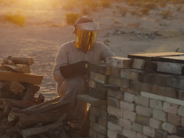 A man with a shield over his face walks to an outdoor firepit and bends down and puts wood in it
