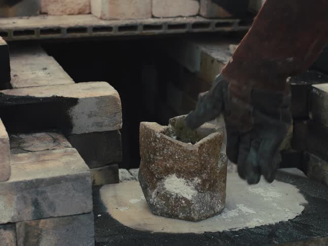 Person removes pot from kiln using metal slat
