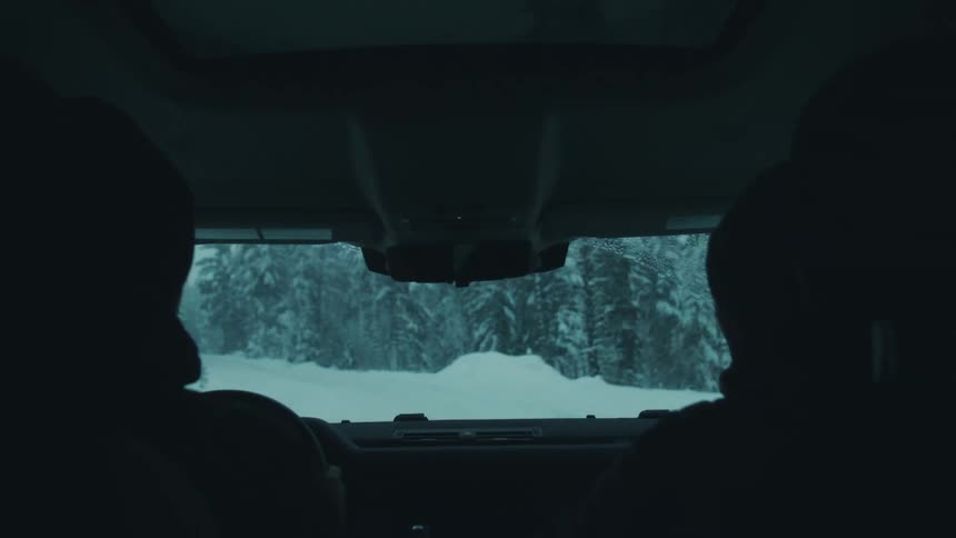 Two people are driving in a car during the winter
