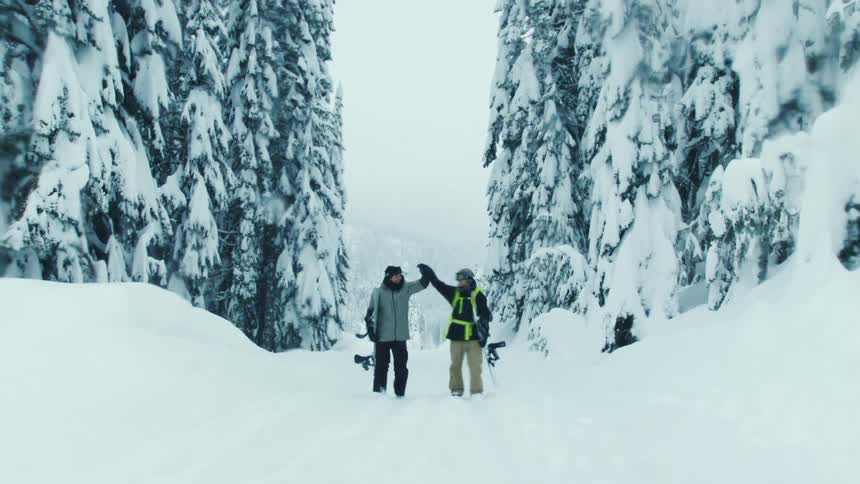 Two men are carrying snowboards as they walk through the snow between trees on a winter day