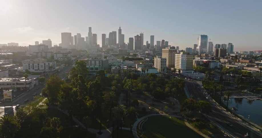 Aerial view of a downtown city during spring is displayed