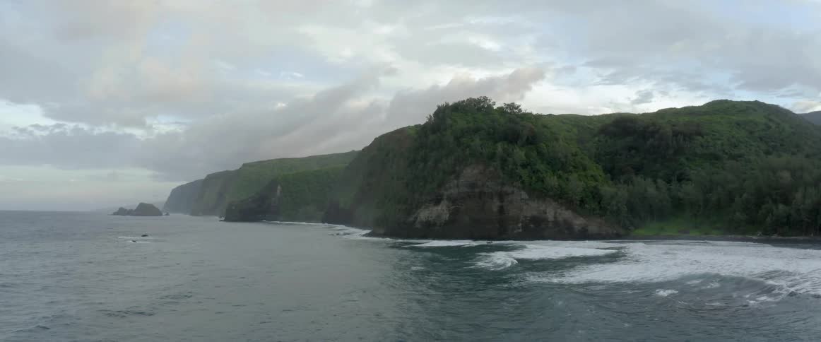 Waves are flowing up onto the beach near lush cliffs on the coast