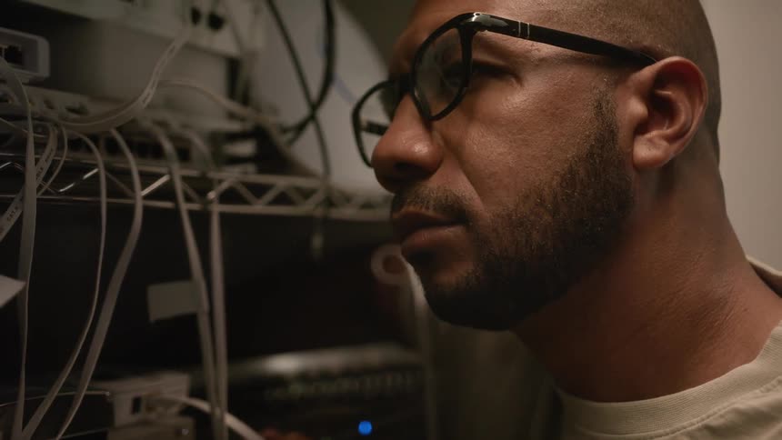 A man in a server room reaches his arm back behind equipment