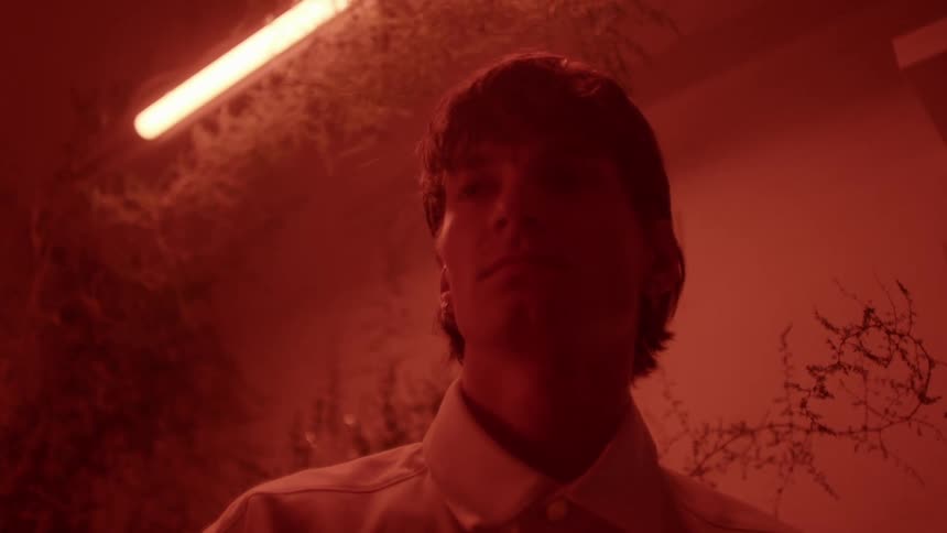 A man is standing in a room filled with plants and there is a light overhead and a red glow in the room