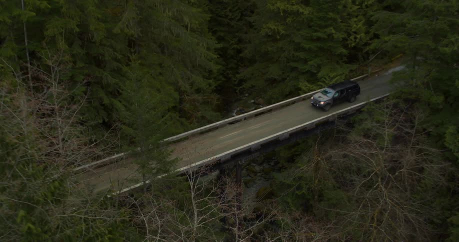 A vehicle drives across a bridge over a river in a forest