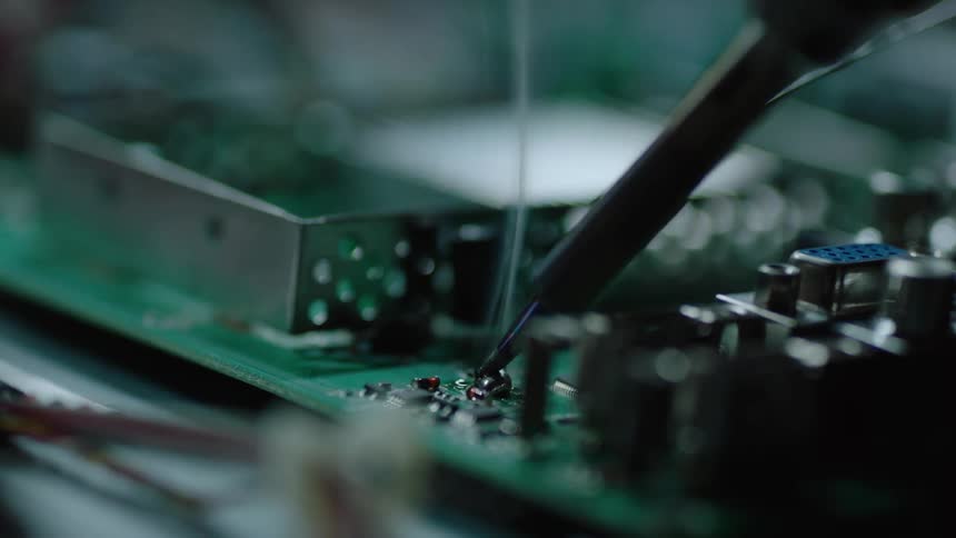 Close up of a soldering iron applying solder over an electronic board inside a dark room