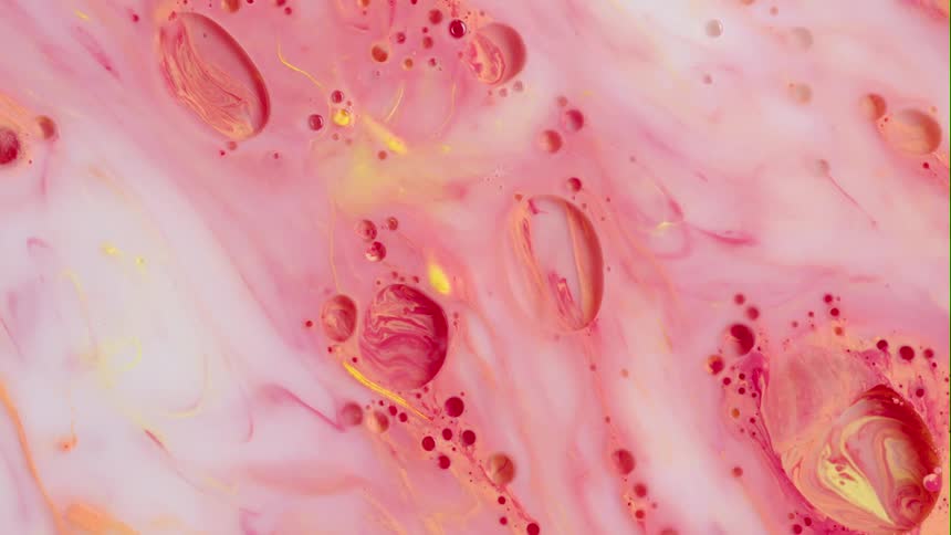 Red and yellow dots move in a pink substance and blend together