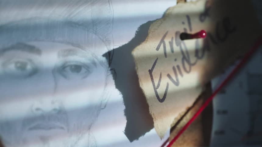 A hand drawn composite photo and police bulletins hang on a bulletin board
